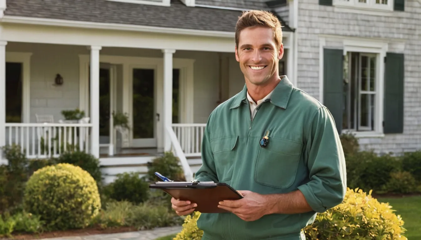 Friendly pest control provider talking with a homeowner at the front door of a Cape Cod style home in Sharon