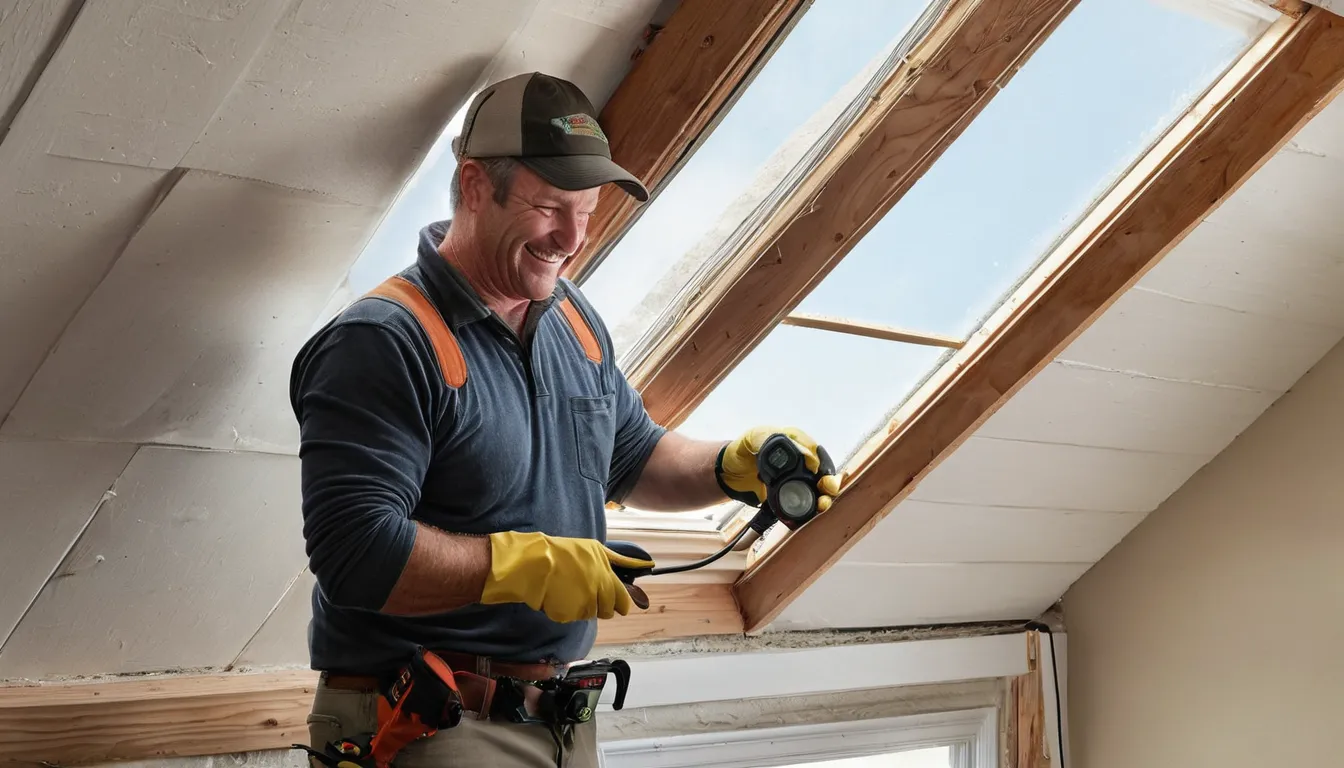 A friendly home provider inspecting an attic roofline in a typical Sharon neighborhood home
